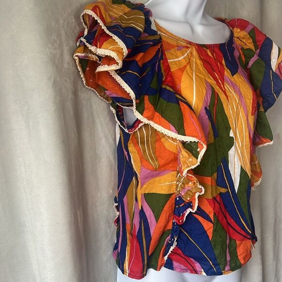 Marc New York Ruffled Short Sleeve Colorful Tropical Top Size Small - Picture 8 of 14